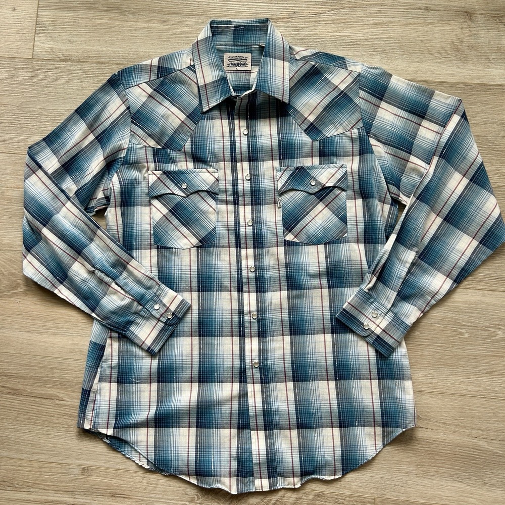 VTG Levi Strauss Western Pearl Snap Blue Silver Red Plaid Button Up Men's‎ Large